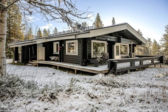 Exterior view of the log cabin and natural plot