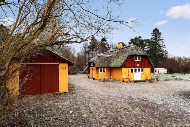 Yellow thatched house with brown details in a gravel garden with surrounding trees. Next to the house is a red garage with a small sign showing the number "582".