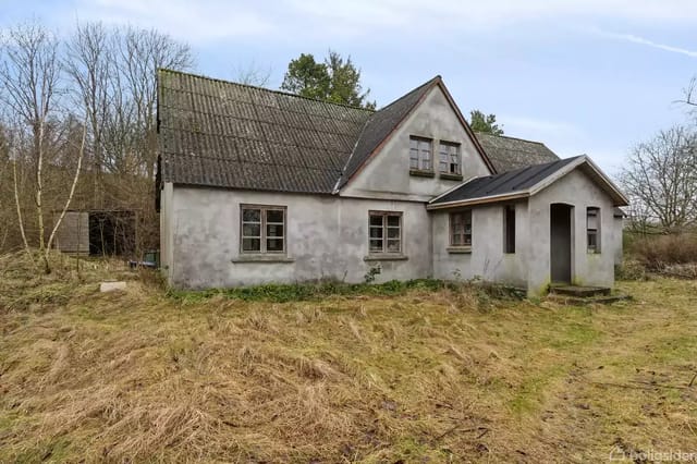 A gray, old house stands still in a green, wild overgrown landscape with trees in the background. The house has a steep roof and several windows on the facade.