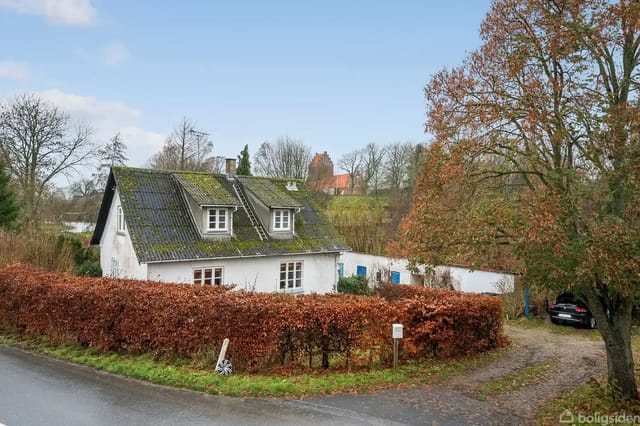 A white house with a moss-covered roof, surrounded by a reddish hedge, located by a road with trees and a car parked nearby.