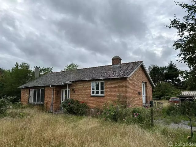 Brick house in an overgrown garden with grass, bushes, and trees. The sky is overcast, creating a gloomy atmosphere.