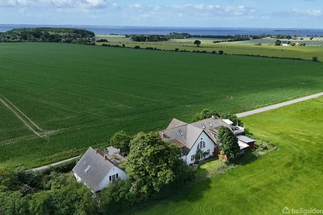 A country estate surrounded by lush fields and green areas, close to a coastline. The houses are along a road, and the sky is lightly clouded.