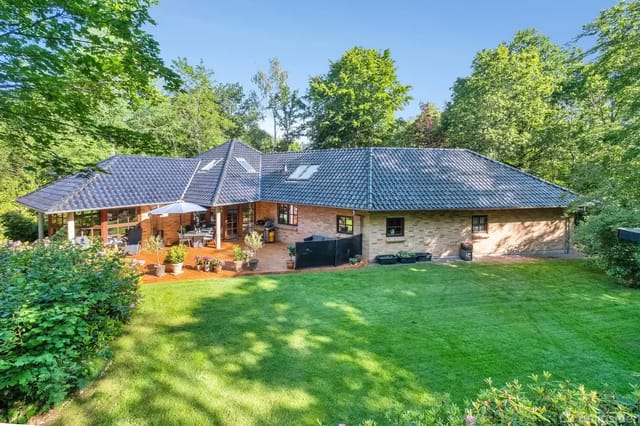 The house with red bricks and black tiled roof surrounded by a lush garden with green lawn and dense planting. Sunlight shines through the treetops onto the terrace.