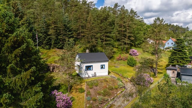 The holiday home is beautifully situated on a small hill, near Røykenesvatnet, surrounded by scenic nature.