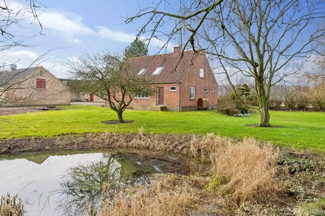 A red brick house with a sloped roof stands in a lush garden. In the foreground is a small pond surrounded by dried grass. The surroundings are green with trees, a building to the left.