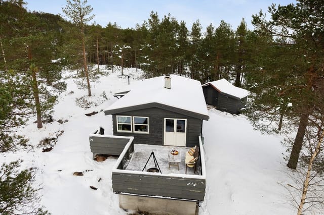 Cozy cabin with outdoor storage in scenic area