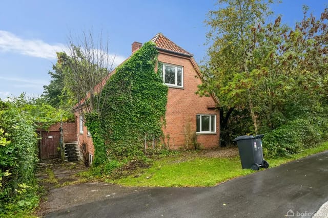 Red brick house covered with vines, surrounded by a garden with trees and a black garbage bin by the asphalt.