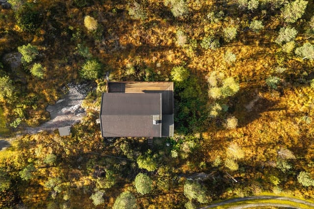 Drone view of the cabin and surroundings