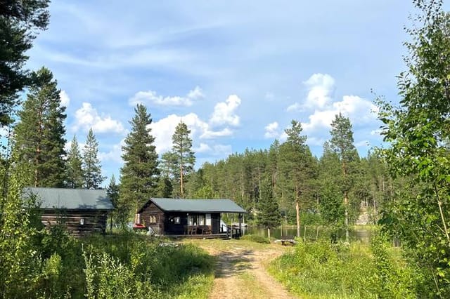 Exterior view of the log cabin and plot