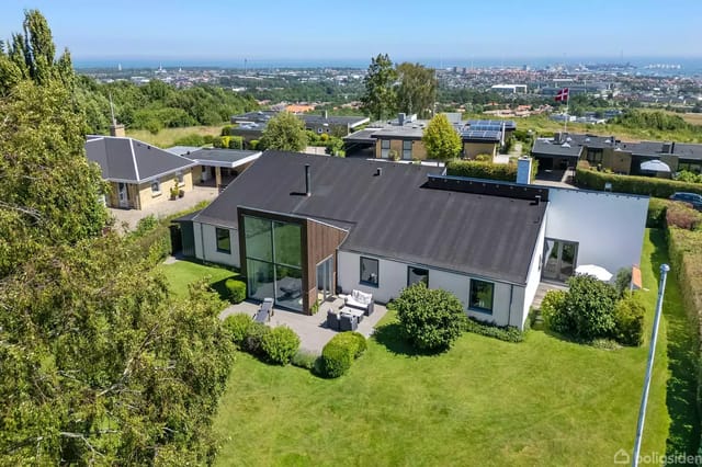 A modern villa with a flat black roof and large glass panels stands on a well-maintained lawn with shrubs. In the background, a city and a Danish flag are visible in the landscape.