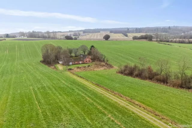 A house surrounded by trees lies in the middle of a large, green field. In the background, several fields and a forest are visible on the horizon.