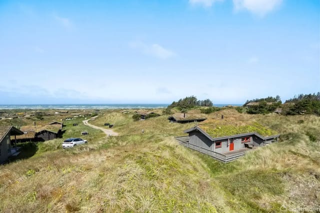 Wooden house with turf roof among dunes, surrounded by other houses and a gravel road. The sea is visible in the background under a blue sky with light clouds.