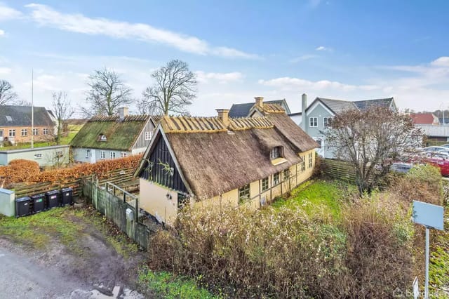 Thatched house in a rural area surrounded by trees and bushes