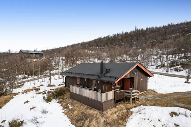 Exterior view of the cabin and surrounding landscape