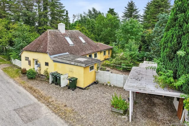 Yellow house with sloped roof and skylights, surrounded by trees and garden. Several waste bins stand by the gravel road. A carport is on the right with surrounding plants.