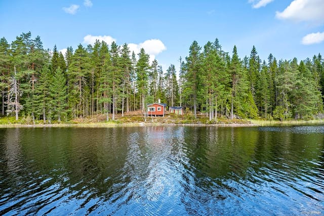 Exterior view of the cottage by the lake