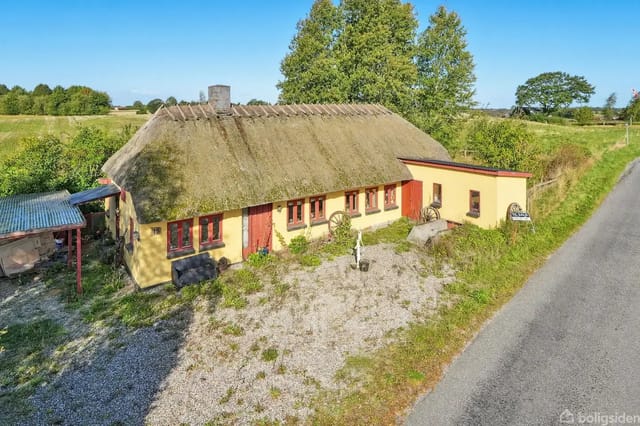Thatched house along a country road surrounded by green fields and trees. The house has yellow walls and red doors/windows, with a small courtyard in front and a carport to the left.