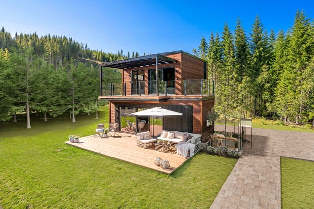 Welcome to Funkisfritid – a fantastic opportunity to own a top modern cabin in funkis style. Illustration.