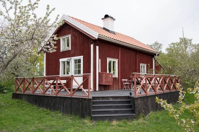 Front view of the cottage and garden
