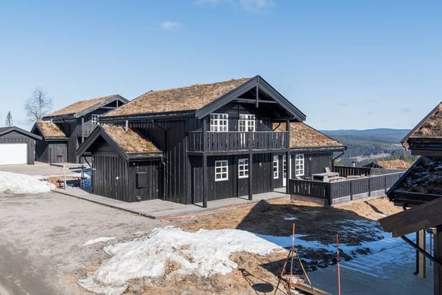 Exterior view of the cabin and surrounding landscape
