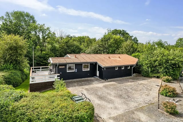 A black wooden house with a red tiled roof on a paved driveway, surrounded by green trees and bushes, with a terrace area to the left.