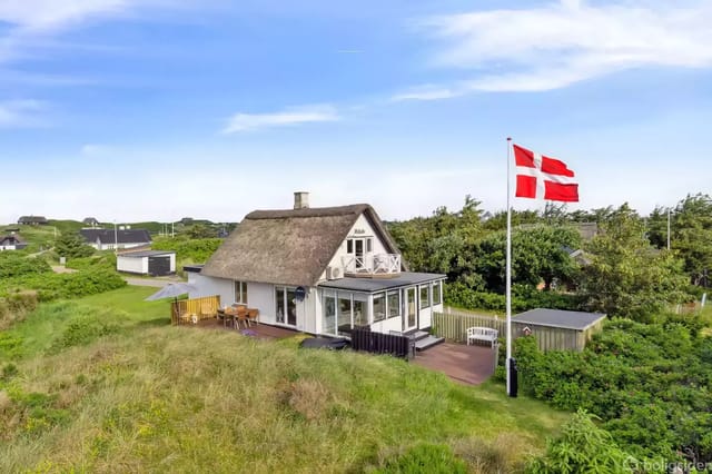 A thatched holiday house with a terrace, set in a green landscape. A large Danish flag waves on a flagpole next to the house.