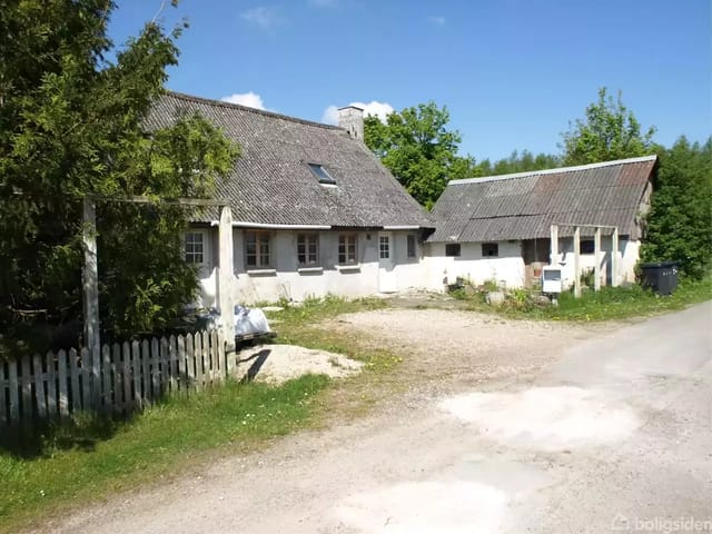 A white thatched house next to a gravel area with a small garden and white fence, surrounded by green trees under a clear blue sky.