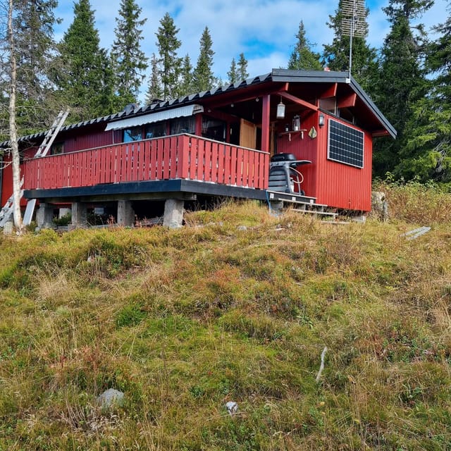 Cabin seen from the path up from the road.