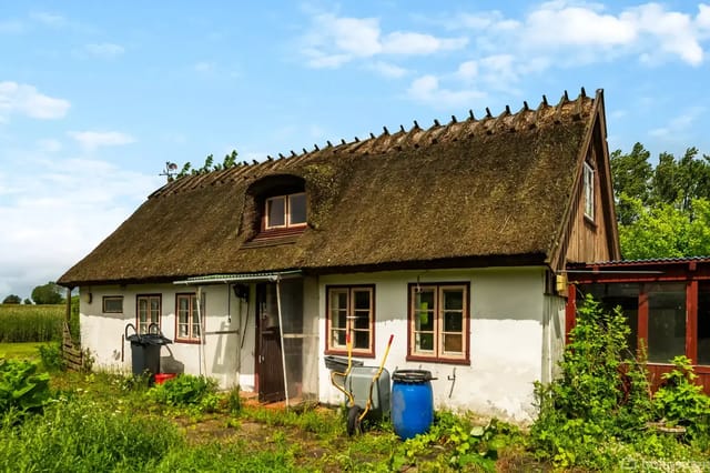 A thatched village cottage with white walls surrounded by green vegetation and a blue rain barrel, set on a garden plot under a clear blue sky.