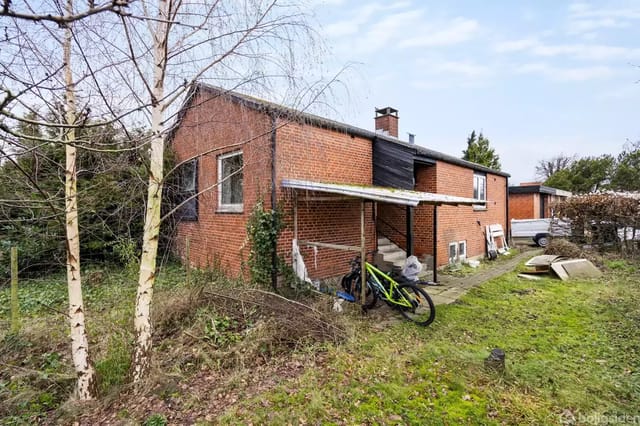 Brick house surrounded by an overgrown garden. A bicycle rests against the house wall next to a wooden staircase under a canopy. Trees and bushes encircle the area.