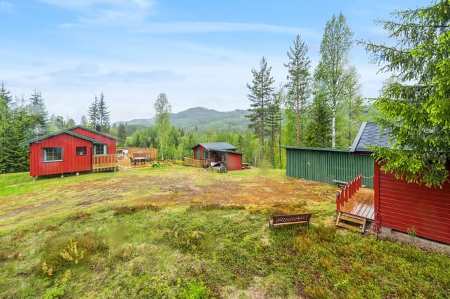 Charming leisure property with well-maintained cabin, 2 annexes, shelter, woodshed, and outbuilding.