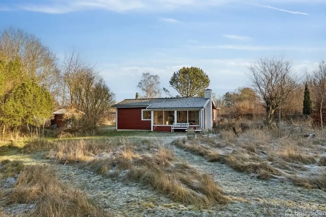 Red wooden house in a lush garden with tall grass and scattered bushes, large windows, and a terrace.