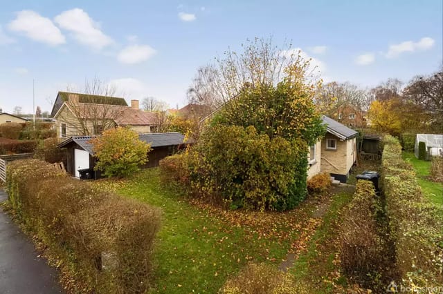 House surrounded by green bushes and trees, with a garden covered in autumn leaves; located in a residential area on a sunny day with a clear blue sky.