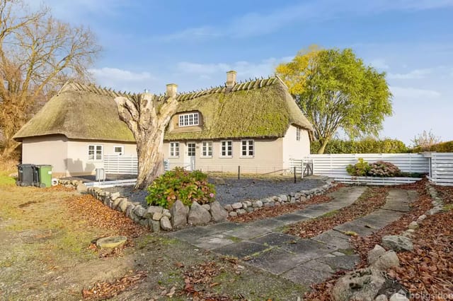 A thatched house surrounded by a garden with a paved path and stone walls.