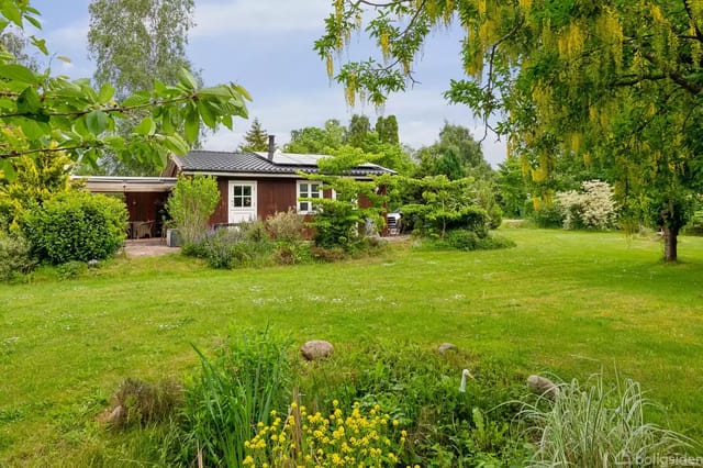 A red house with white windows stands in a lush garden, surrounded by green trees and bushes. The garden has a well-maintained lawn and flower beds with yellow flowers.