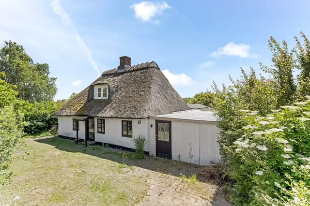 White thatched house with chimney and small window, set in a green garden. Number 10 is visible on the facade.