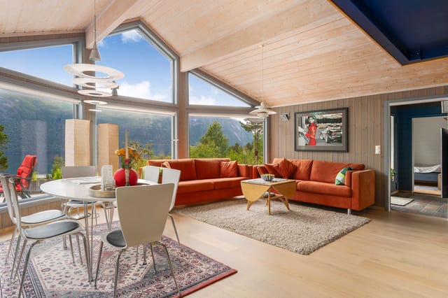 Spacious living room with sloped ceiling and beautiful views