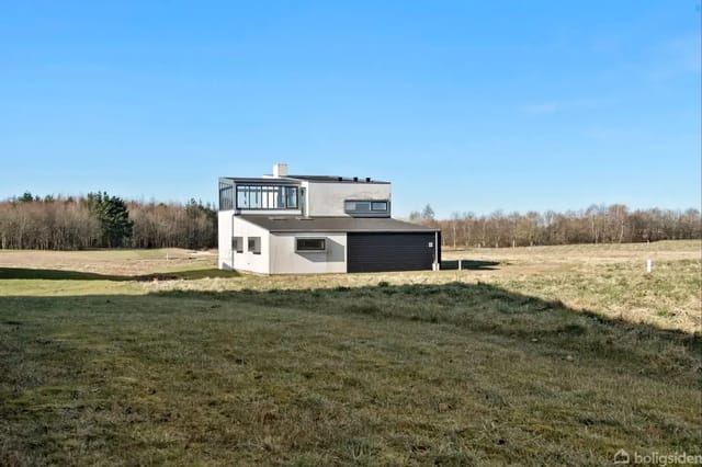 Modern house on an open field surrounded by grass and scattered trees, with large windows and a flat roof.