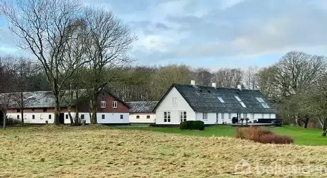 Two houses with thatched roofs stand still in an open landscape surrounded by trees. One building is white, and the other is reddish-brown. In front is a grass field.