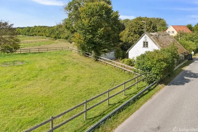 A white thatched building stands quietly surrounded by lush green vegetation and a gravel road in a rural, scenic setting with fences and fields around.