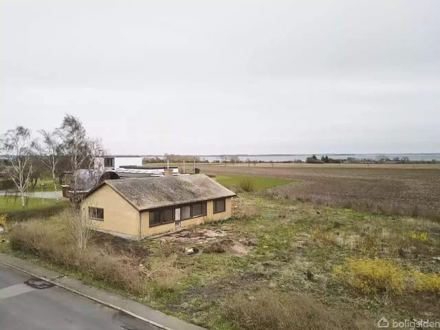 A solitary house stands still amidst an overgrown lawn near an empty field. In the background, a large lake and a row of trees are visible.