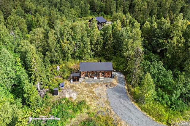 Exterior view of the cabin and surrounding mountains