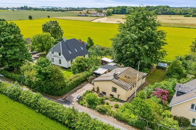 Aerial view of two houses surrounded by lush nature and fields. The main house is white with a black roof, and the smaller house is yellow. Trees and bushes dominate the area.