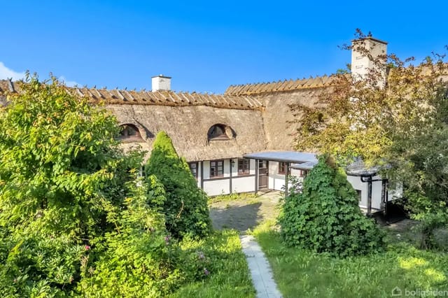 Thatched house surrounded by lush green garden with trees and bushes. A path leads to the house with a white facade and windows under the characteristic roof. Clear blue sky.