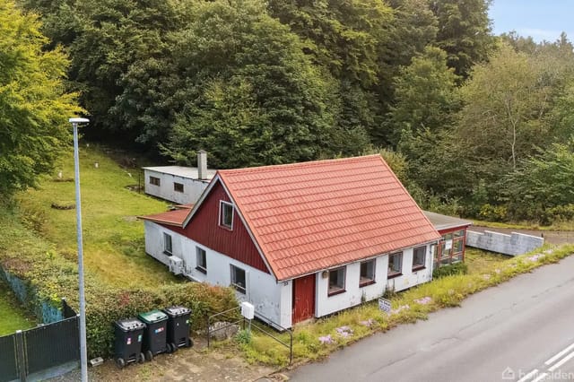 A red-roofed house by a road with a green slope to the left and forest behind. Waste containers in front, and a path leads up the hill.