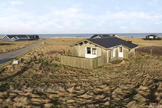 A wooden summer house with a black roof stands on a grassy dune near the sea with a view of the ocean in the background. Several similar houses are visible in the landscape.